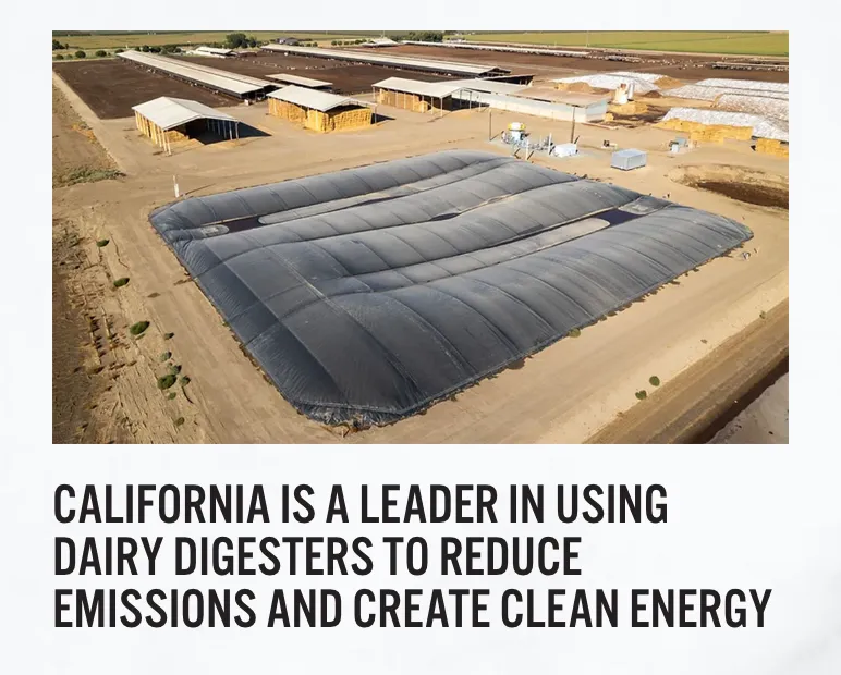 Real California Milk sustainability page: aerial photo of a covered manure lagoon, headlined California is a leader in using dairy digesters